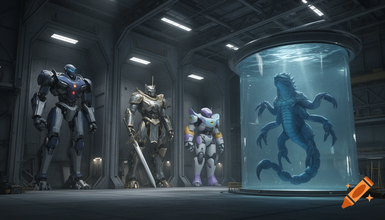 Three large mechs stand in an industrial hangar next to a glass tank holding a blue, six-limbed kaiju with a scorpion tail.