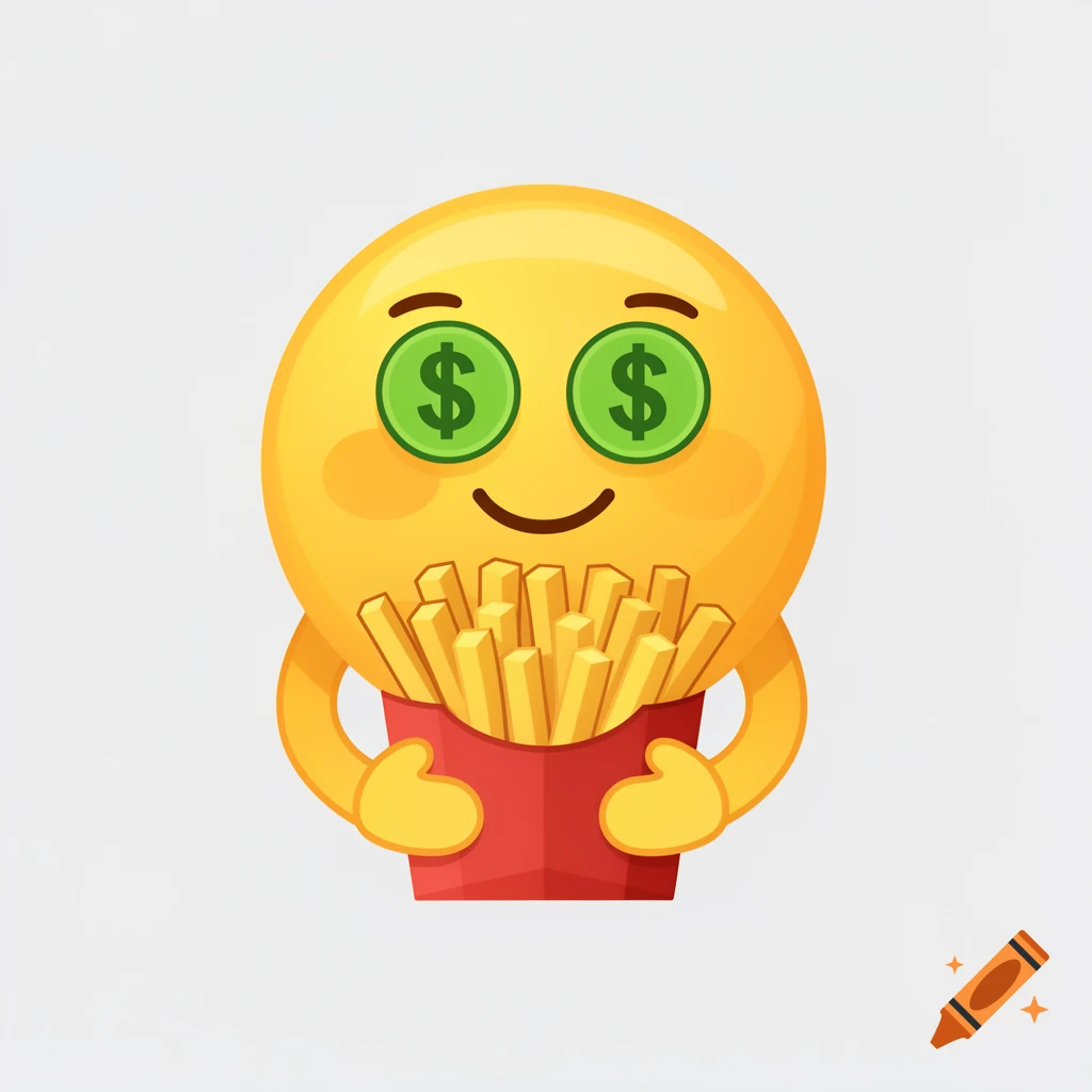 A yellow emoji face with green dollar signs for eyes, smiling and holding a red container of golden french fries in a cartoon style.