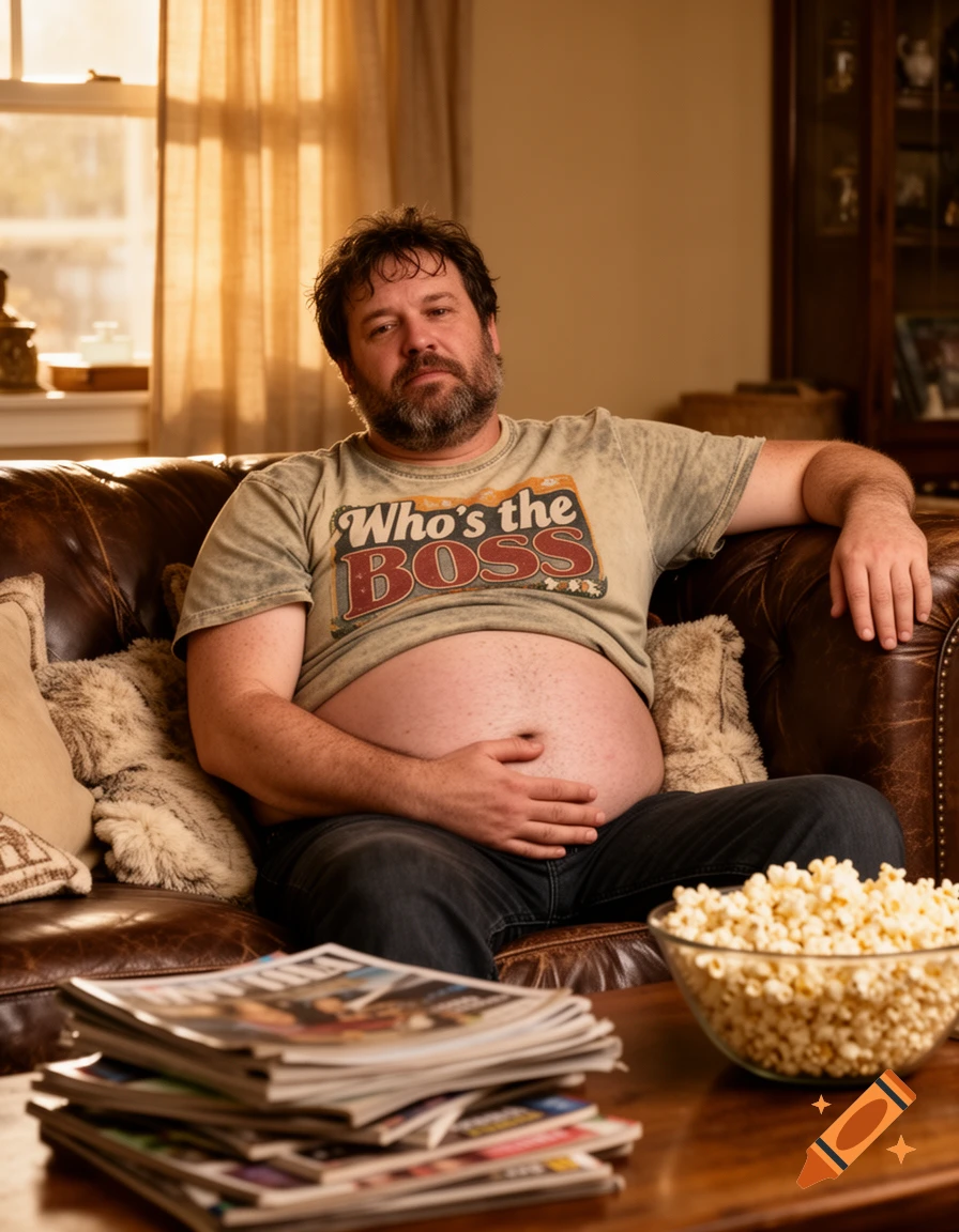 A man with a beard and an exposed belly sits on a brown leather couch wearing a 'Who's the BOSS' t-shirt, next to a bowl of popcorn and a stack of magazines.