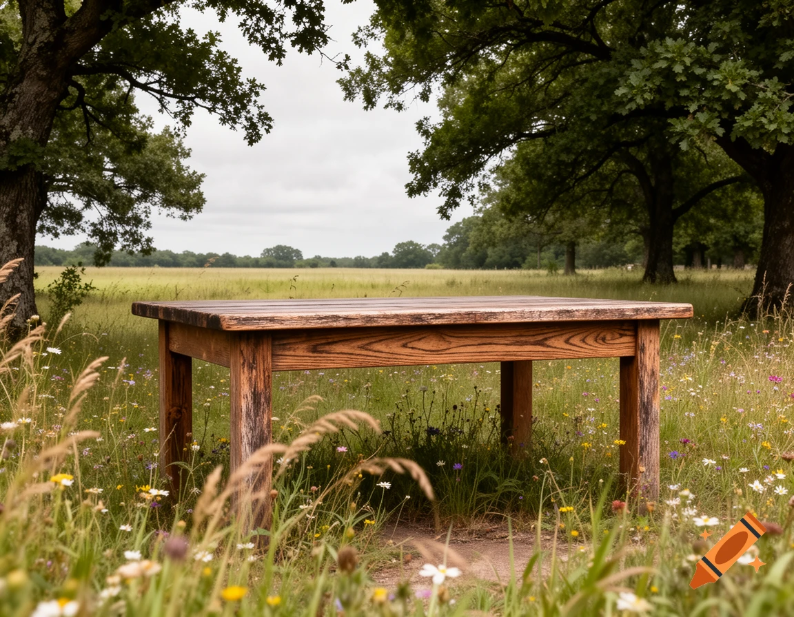A rustic wooden picnic table sits in a lush field of wildflowers under large trees on a cloudy day, photorealistic.