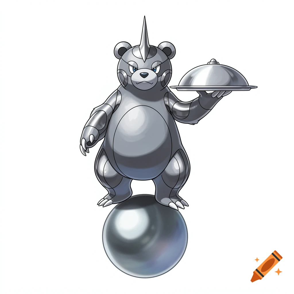 A gray steel-type Pokémon bear with a horn balances on a metal ball while holding a silver covered platter in a cartoon style.