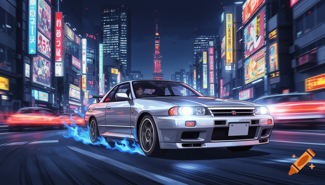 An anime-style silver Nissan Skyline car races down a neon-lit Tokyo street at night, leaving blue flame trails.