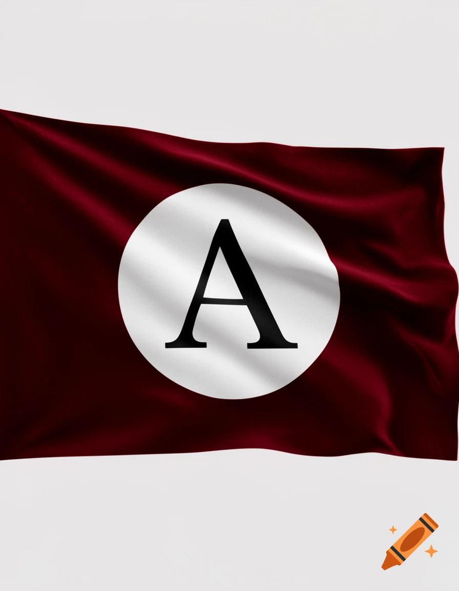 A red flag with a white circle in the center containing a black letter A.