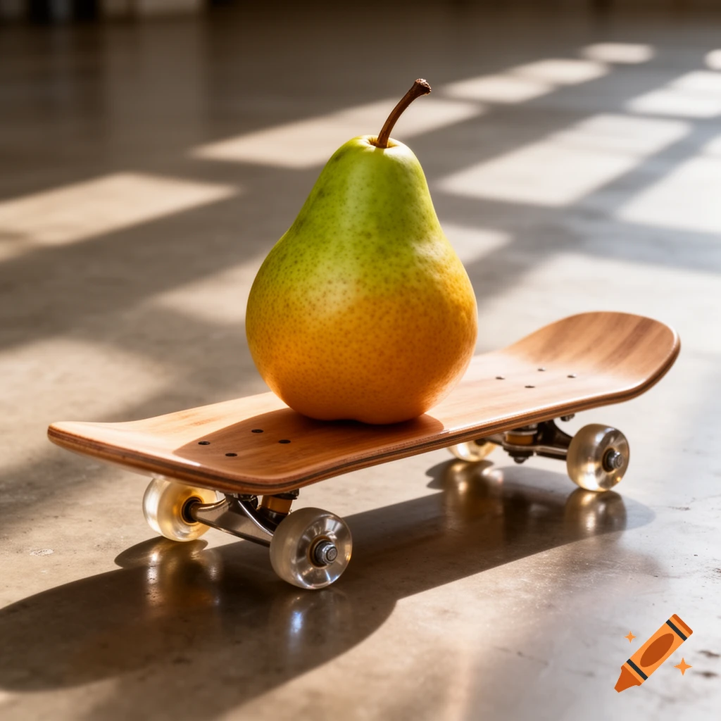 A vibrant green and yellow pear rests on a wooden skateboard on a concrete floor, bathed in dappled sunlight.