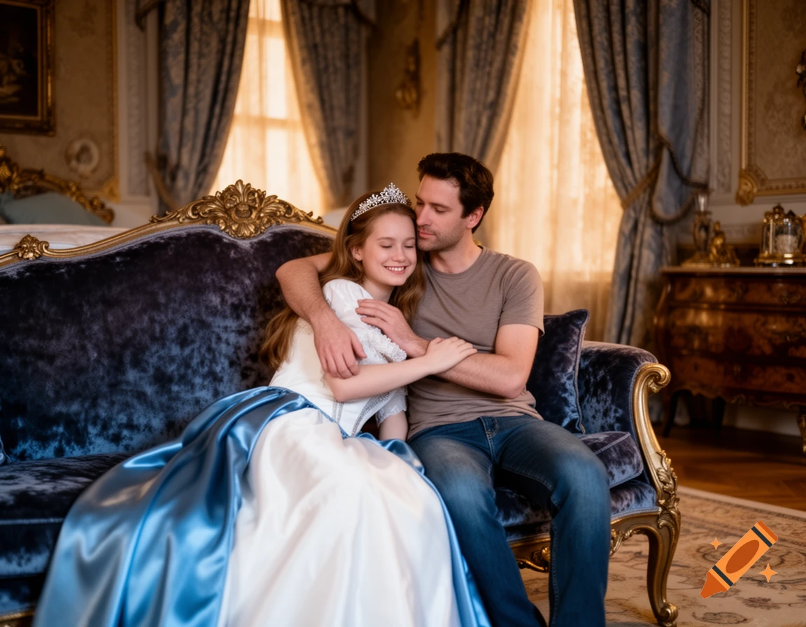 A smiling princess in a white-blue gown and diadem hugs a man in a t-shirt and jeans on a luxurious blue sofa in a palace bedroom.