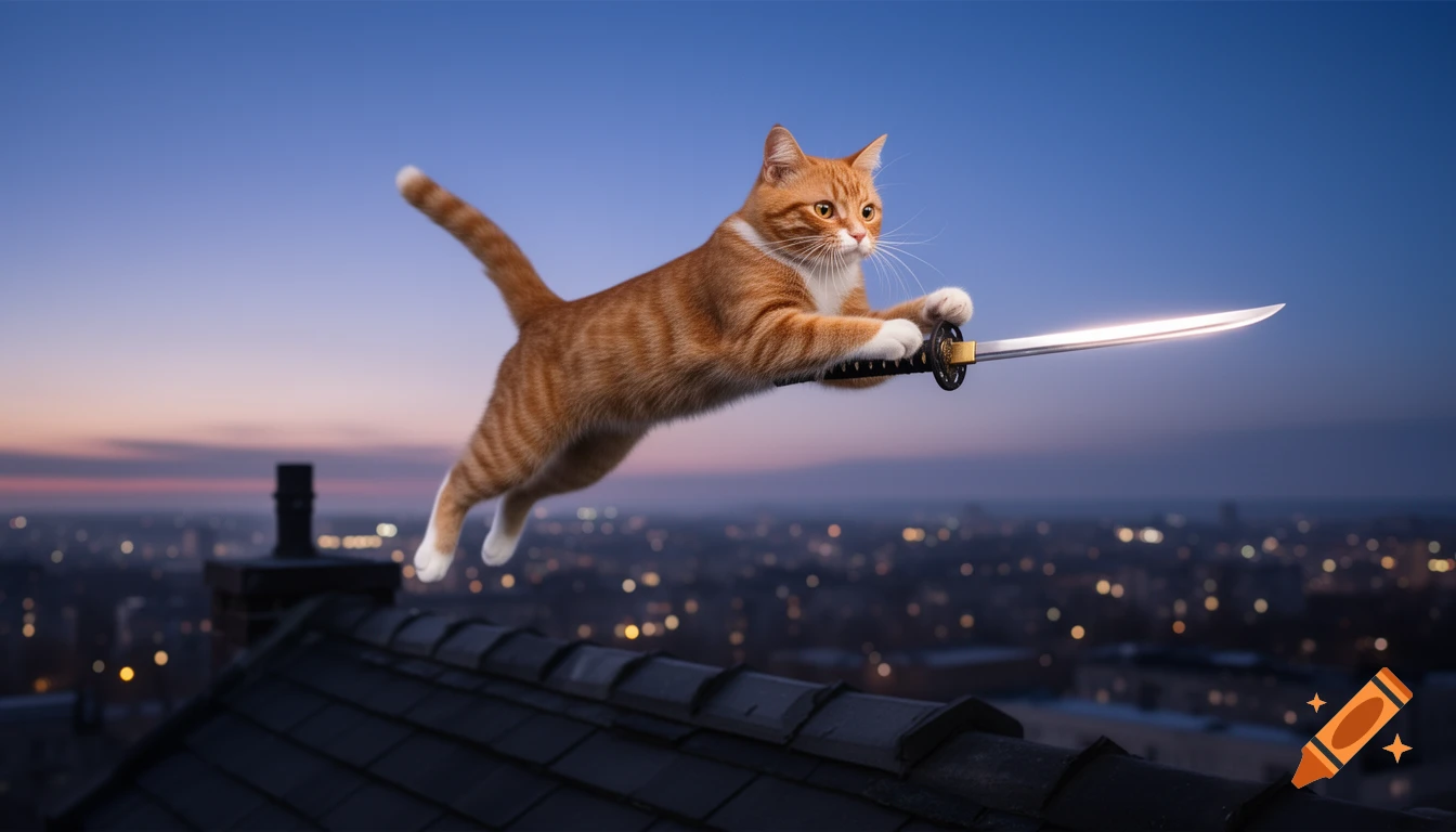 An orange tabby cat jumps over a dark rooftop, holding a katana, with a blurred city at dusk in the background.