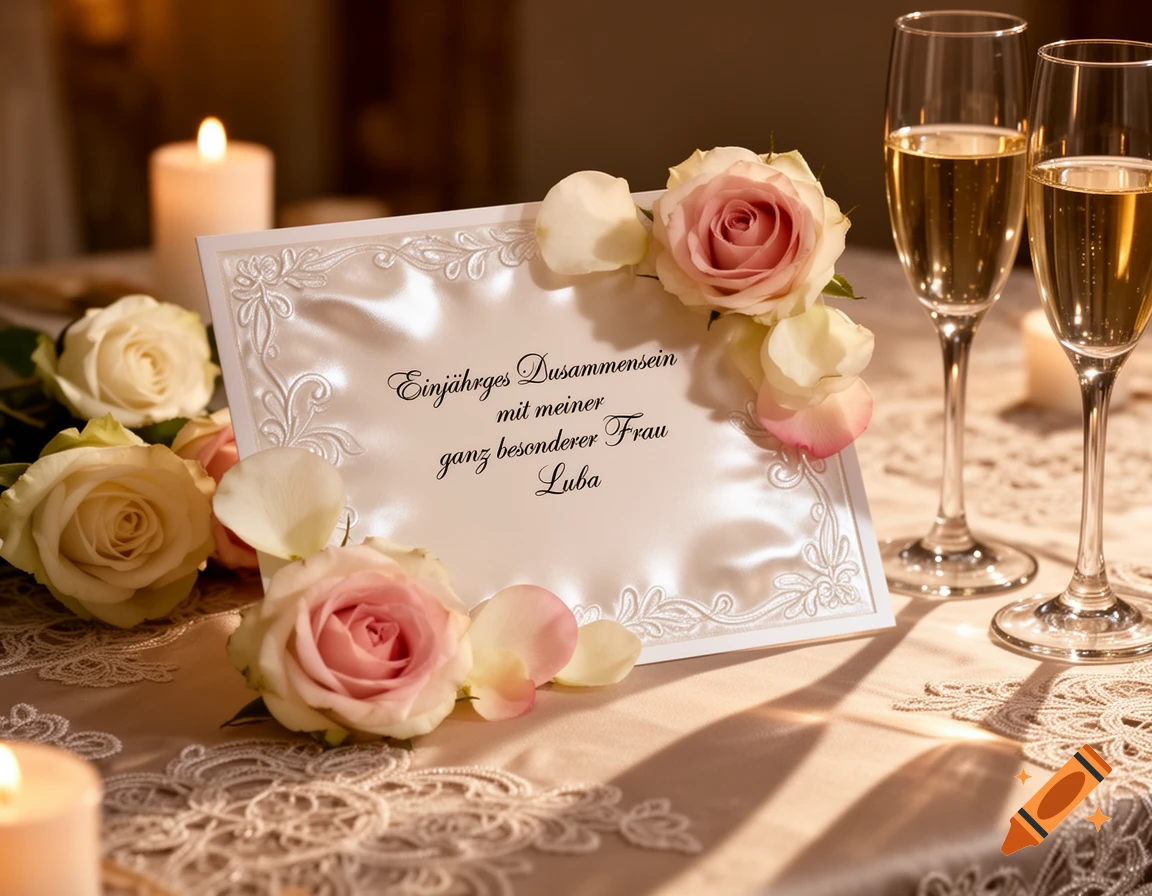 Romantic table with a card, pink and white roses, two champagne glasses, and lit candles on a lace tablecloth.