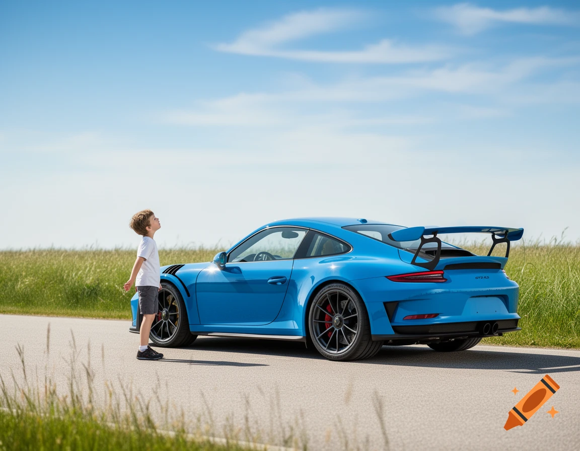 Young boy looks up, standing next to a bright blue Porsche 911 GT3 RS on a road with green fields under a clear sky.