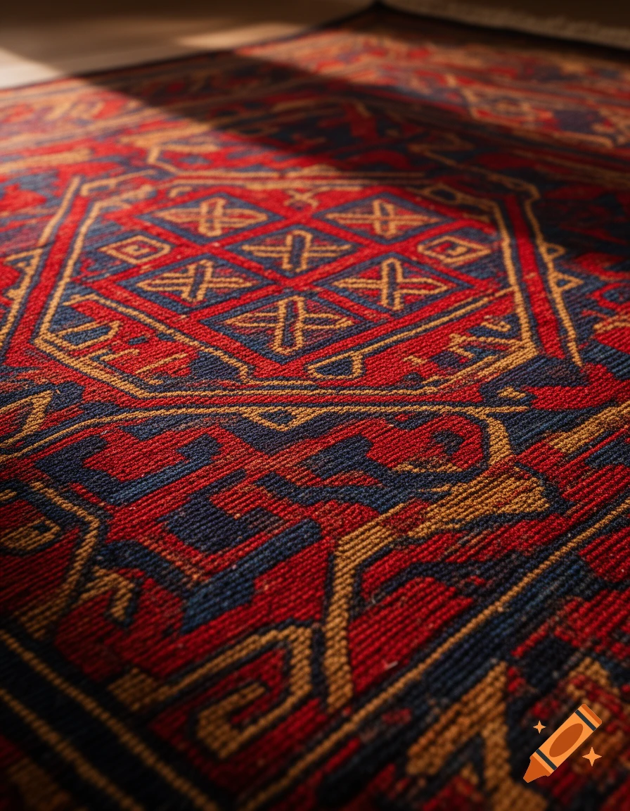 Close-up of a traditional patterned rug in red, blue, and gold with geometric designs.