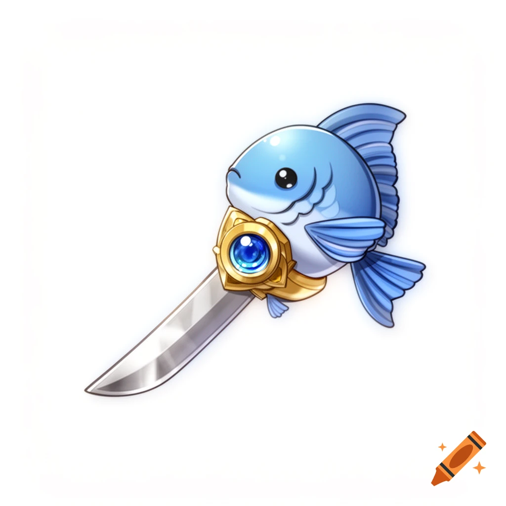 A cute anime-style short sword with a blue fish hilt, a gold guard with a blue gem, and a silver blade.