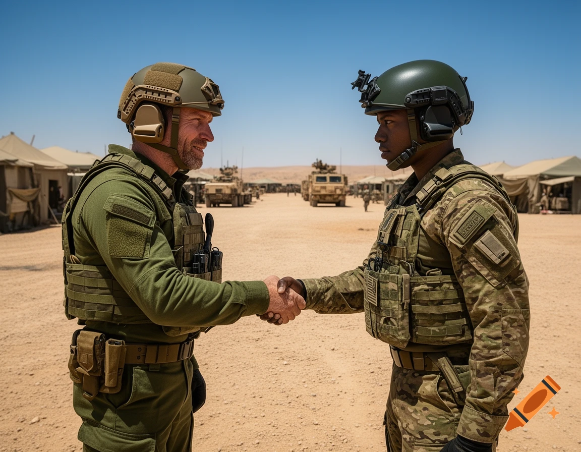 Two soldiers in combat gear and helmets shake hands in a desert military camp with tents and vehicles in the background.