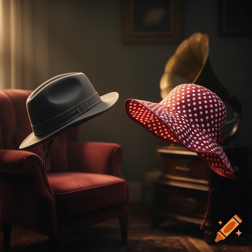 A gray fedora and a red polka-dotted sun hat float above a red armchair and a vintage phonograph in a dimly lit room.