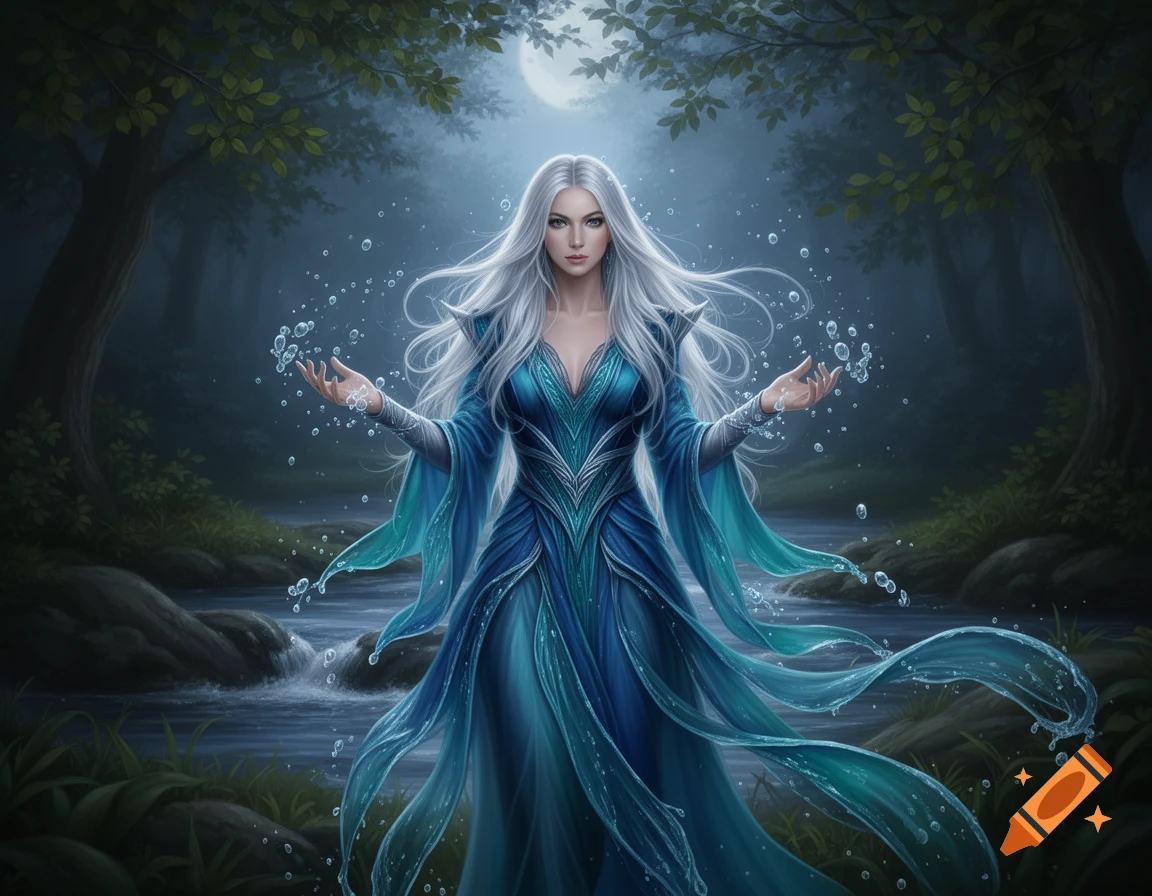 A fantasy woman with long white hair in a flowing blue dress conjures water droplets in a mystical, moonlit forest with a river.