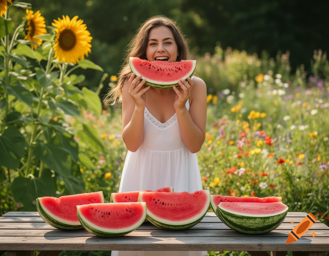 A smiling woman in a white dress holds and eats a slice of watermelon in a sunny field with sunflowers and wildflowers. Slices of watermelon sit on a table in front of her.