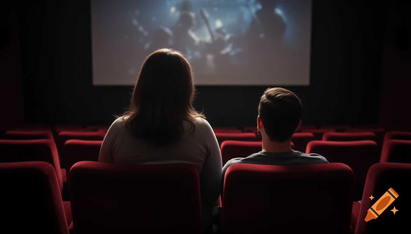 A photorealistic image showing two people from behind, seated in a dark movie theater, watching a blurry film on the large screen.