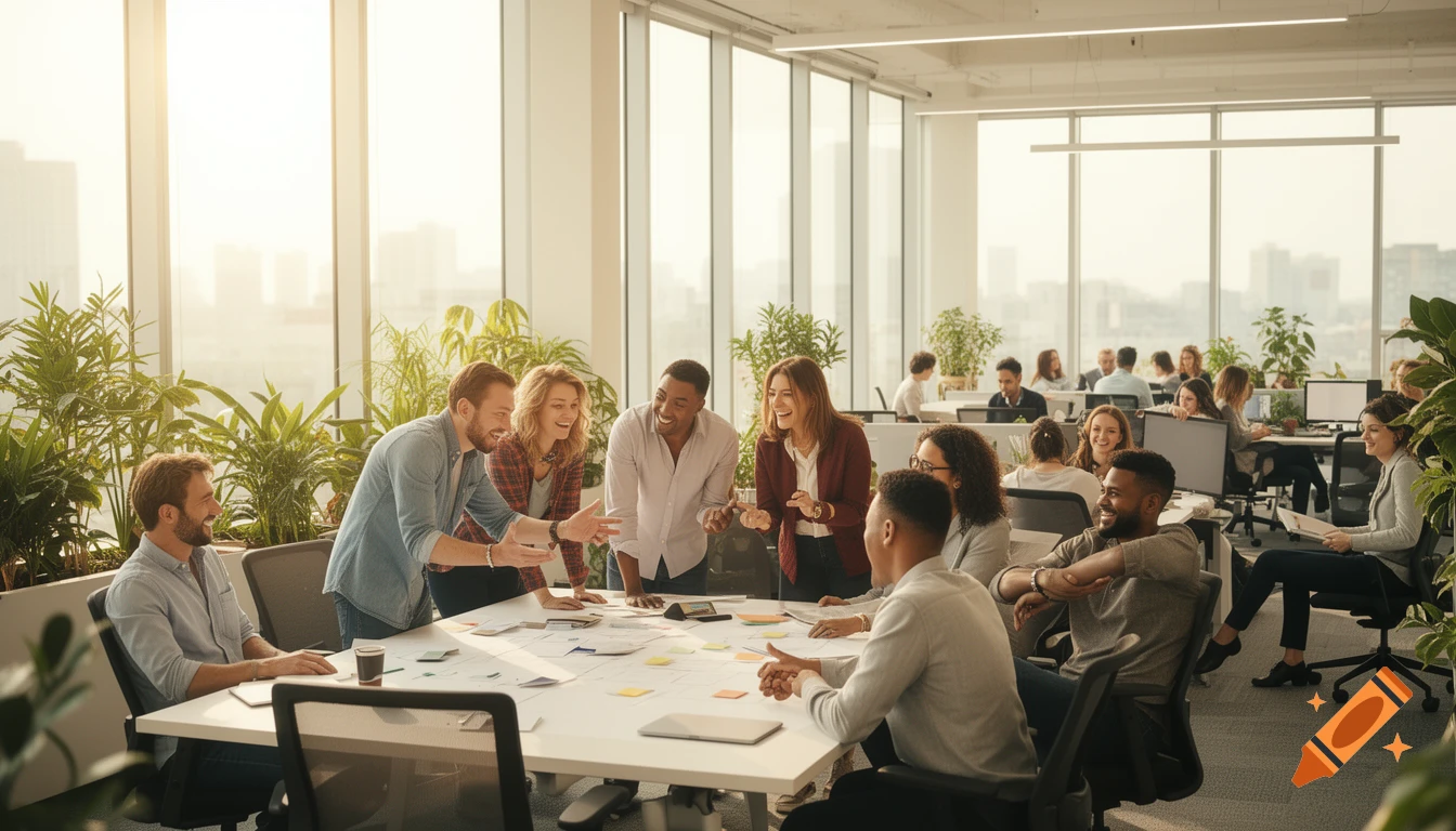 Diverse colleagues collaborate and laugh around a table in a modern, sunlit office, with other workers at desks in the background.