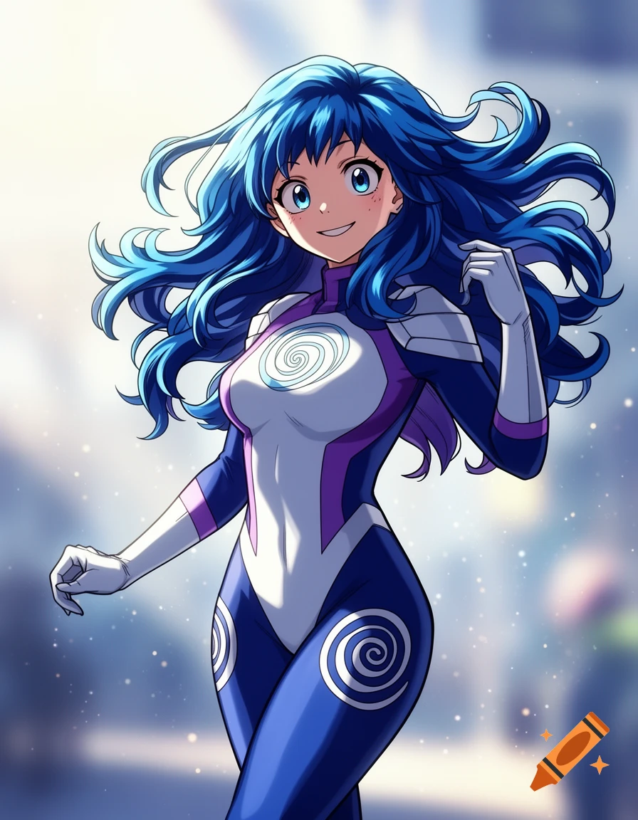 Anime girl Nejire Hado with blue hair, smiling in a blue, white, and purple superhero suit with spiral patterns.