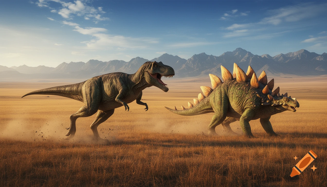 A large Tyrannosaurus Rex-like dinosaur chases a Stegosaurus across a dry grassy plain with mountains under a blue sky.