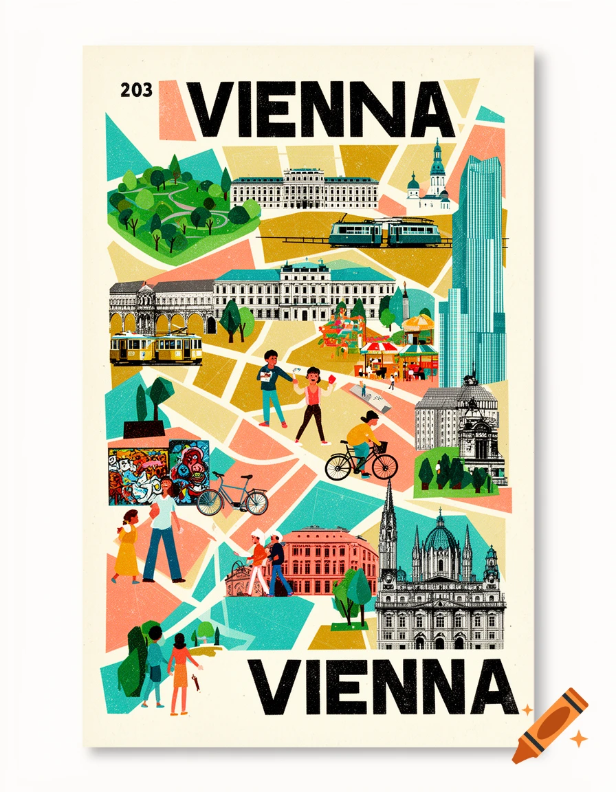 Stylized, colorful illustration of a Vienna city map featuring landmarks, people, and trams in a screen print and collage style.
