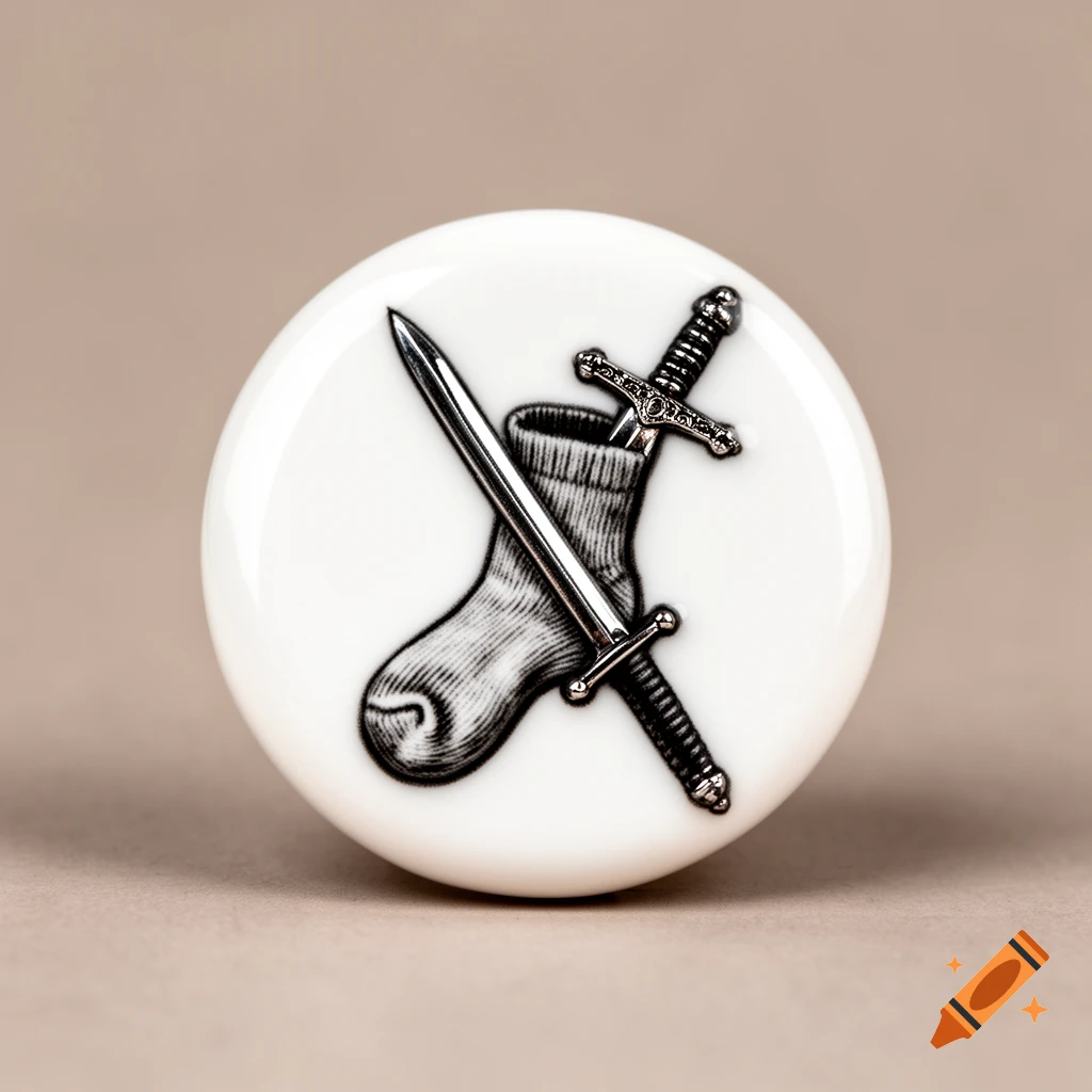 A white circular brooch featuring a black and silver illustration of a sword and a sock crossing each other.