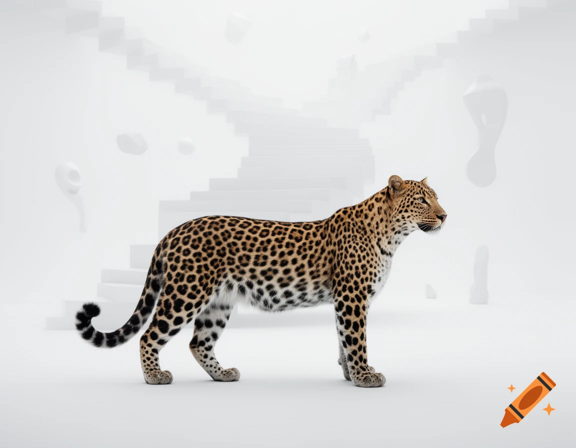 A realistic leopard stands facing right in a clean white, surreal room with floating abstract shapes and receding stairs.