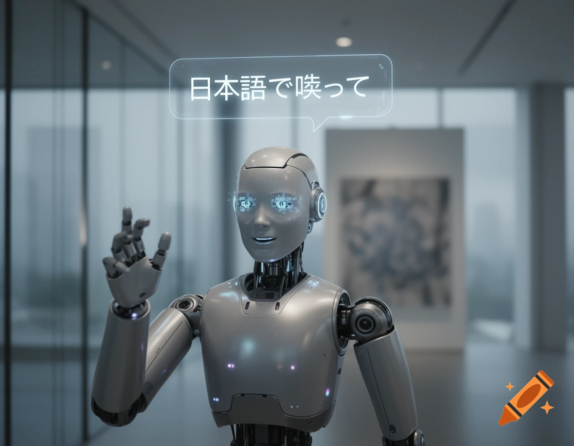 A photorealistic humanoid robot in a modern room, gesticulating with a speech bubble saying 'Speak in Japanese' above its head.