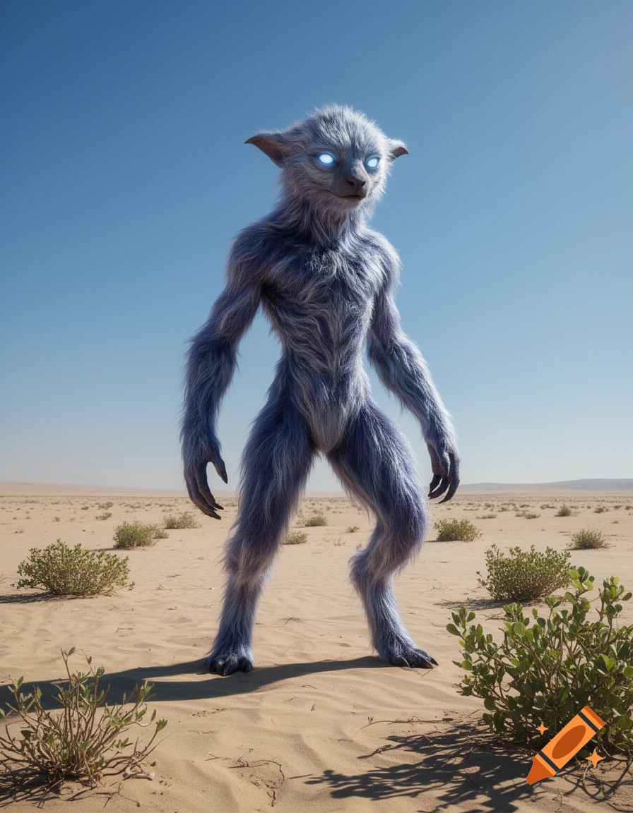 A grey and purple furry creature with glowing blue eyes stands upright in a vast, sandy desert landscape.