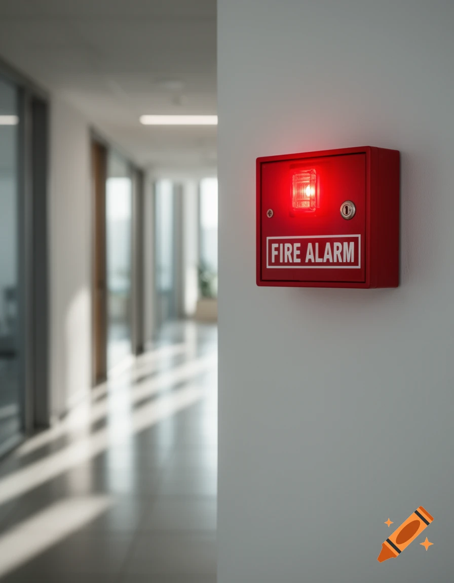 A red fire alarm box with a glowing light is mounted on a white wall in a modern office hallway, lit by sunlight.