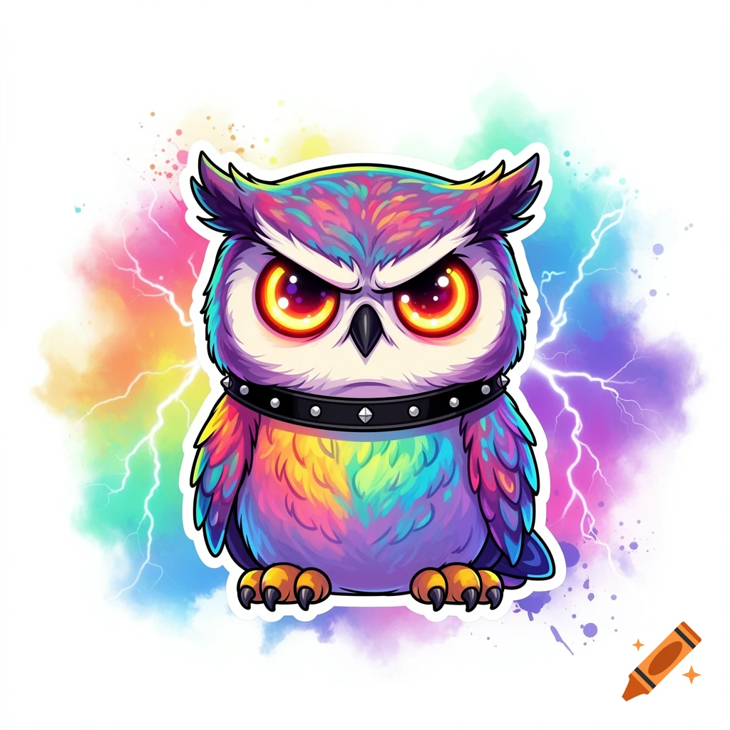 A cute chibi punk owl with rainbow feathers, huge angry glowing eyes, and a black studded collar, against a background of colorful paint splatters and lightning bolts in a sticker art style.