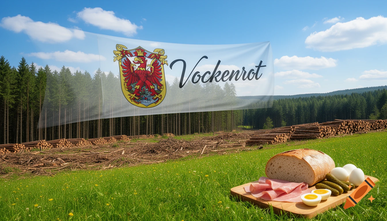 A banner with a coat of arms and 'Vockenrot' floats above a cleared forest area with log piles. In the foreground, a picnic spread of bread, ham, eggs, and pickles sits on a wooden board on green grass under a blue sky.