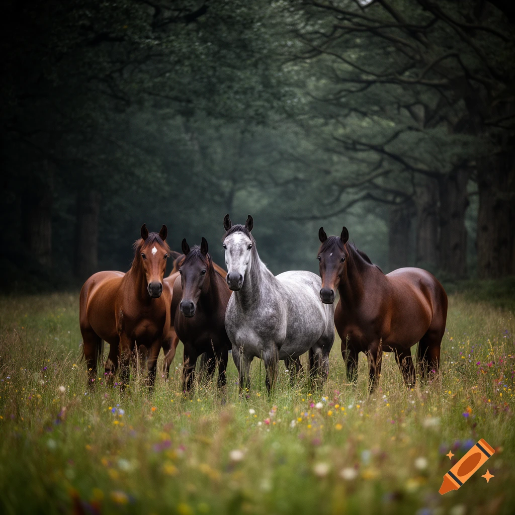 Four horses of various colors stand in a grassy meadow with wildflowers, backed by dark trees.