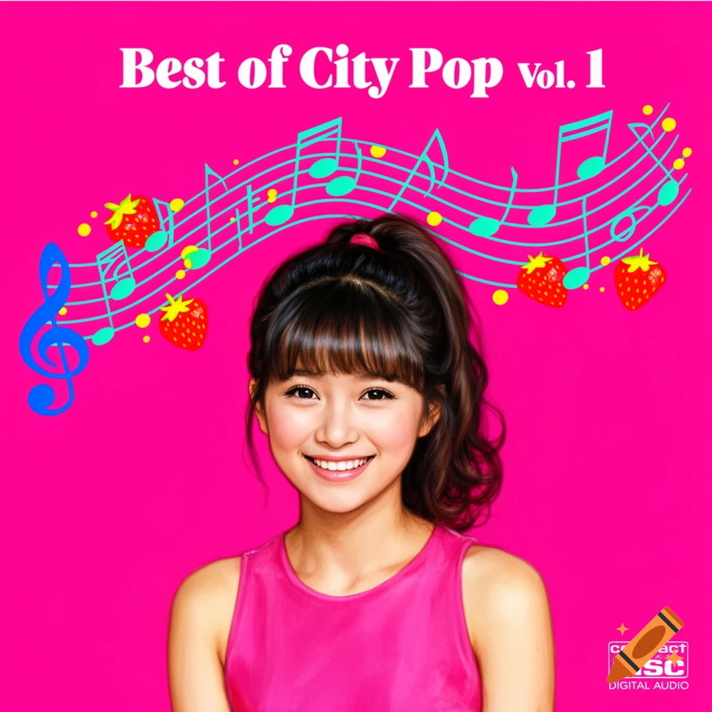 Album cover featuring a smiling young Japanese woman with retro bangs and a ponytail, wearing a pink top against a vibrant magenta background. Musical notes and strawberries float around her head. Text reads "Best of City Pop vol. 1" and "compact disc DIGITAL AUDIO".
