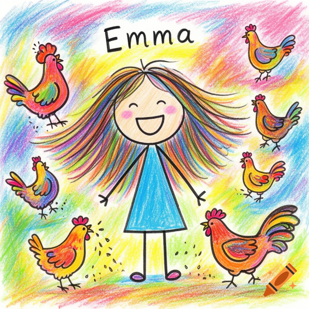 Colorful crayon drawing of a smiling stick figure girl with long hair, named Emma, surrounded by happy chickens.