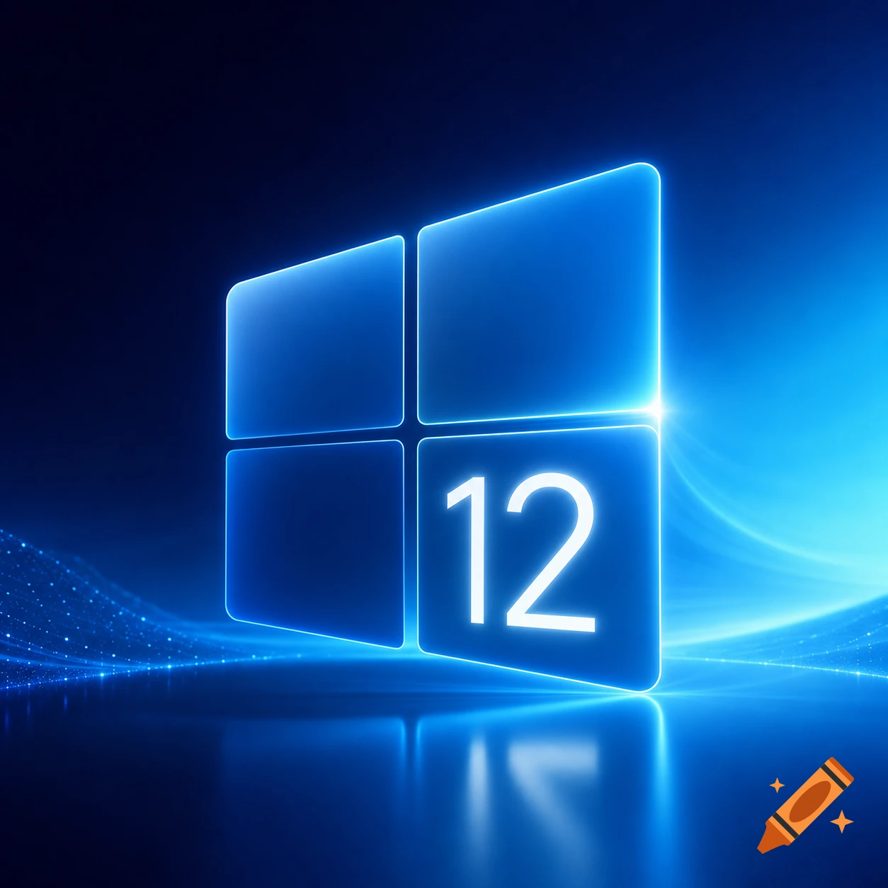 Stylized glowing blue Windows logo with a prominent '12' on one panel, against a dark blue background with light trails.