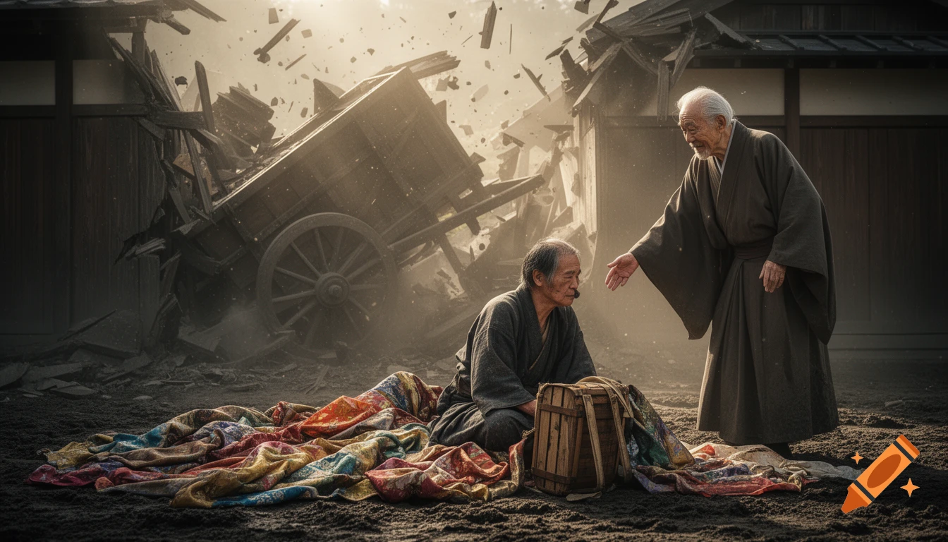 An old Zen master offers a hand to a merchant sitting in the ruins of an ancient Japanese street with a broken cart.