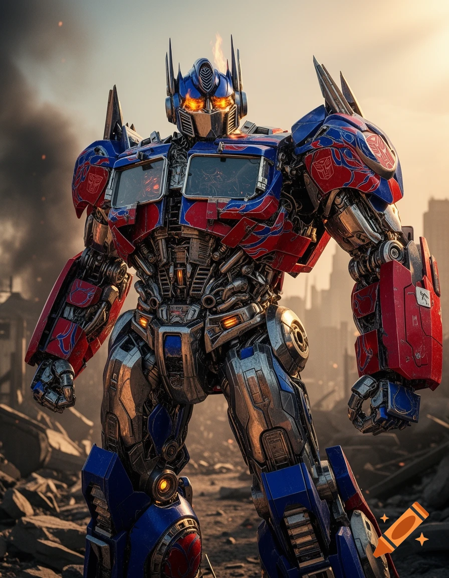 Photorealistic image of Optimus Prime, a large red and blue robot with glowing eyes, standing in a destroyed city at sunset.