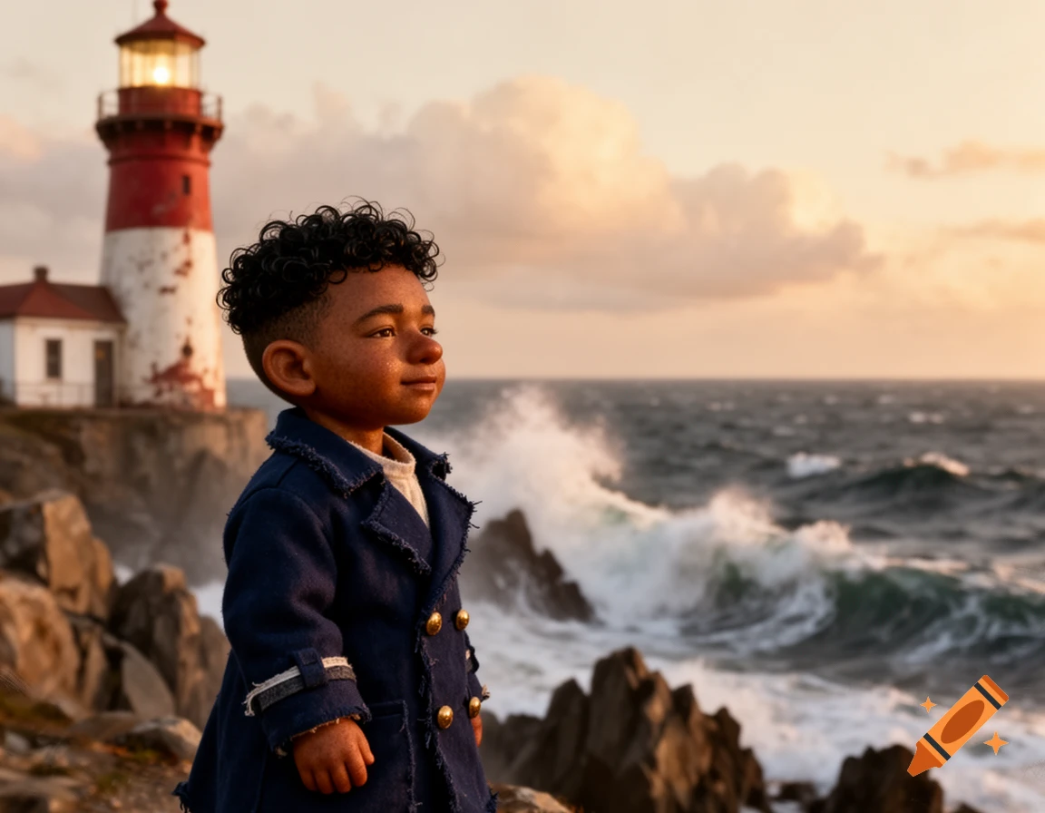 A brown-skinned halfling child in a blue coat stands on a rocky coast, looking out at a turbulent ocean and a distant lighthouse at sunset.