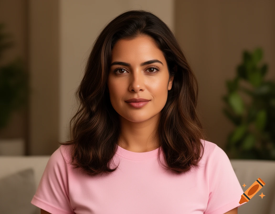 A photorealistic portrait of a woman with long brown hair, wearing a pink t-shirt.