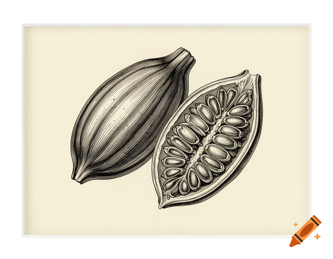 A highly detailed black and white vintage botanical illustration shows an intact pod and a split pod revealing seeds of Aframomum melegueta on an ivory background.