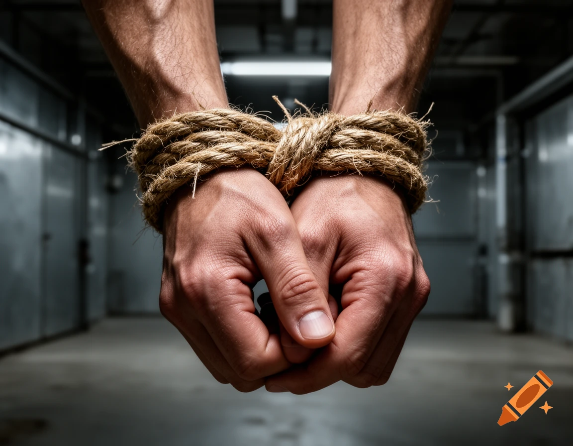 Close-up of a person's hands tightly bound together with thick rope, set against a blurry, dimly lit background.