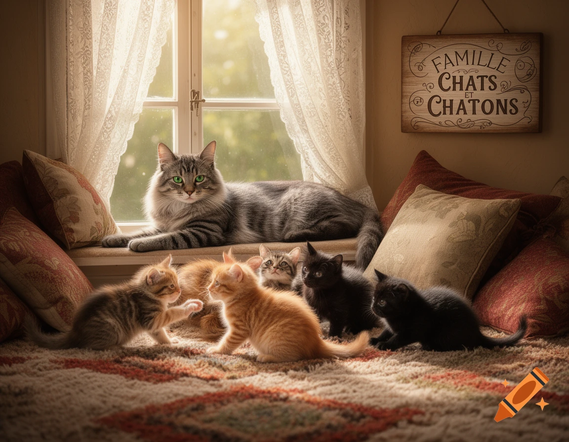 A fluffy grey cat with green eyes on a windowsill watches several kittens playing on a rug. A sign reads "FAMILLE CHATS et CHATONS".