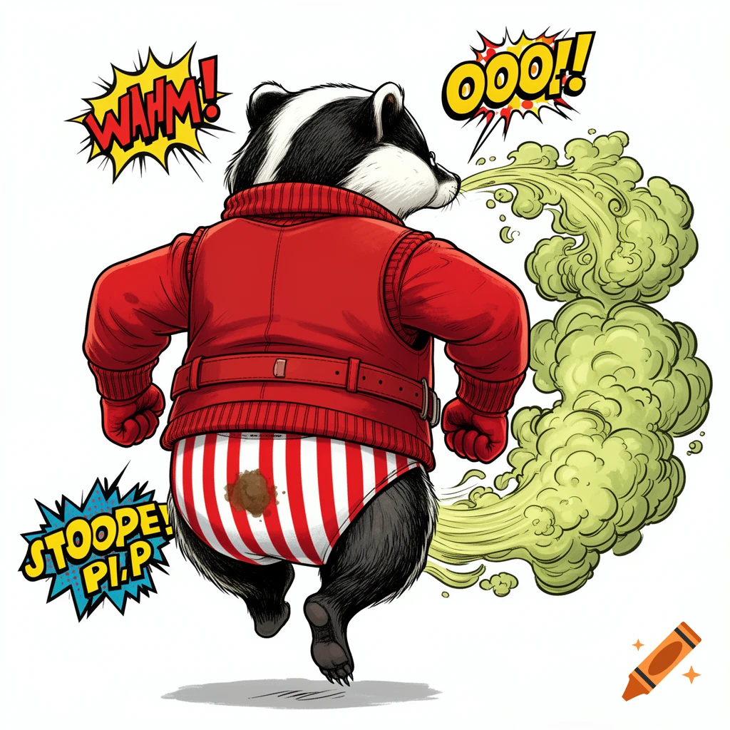 A cartoon badger in red clothes and striped briefs, seen from behind, farts greenish-yellow fumes with comic sound effects like "WHAMM!" and "OOO!!"