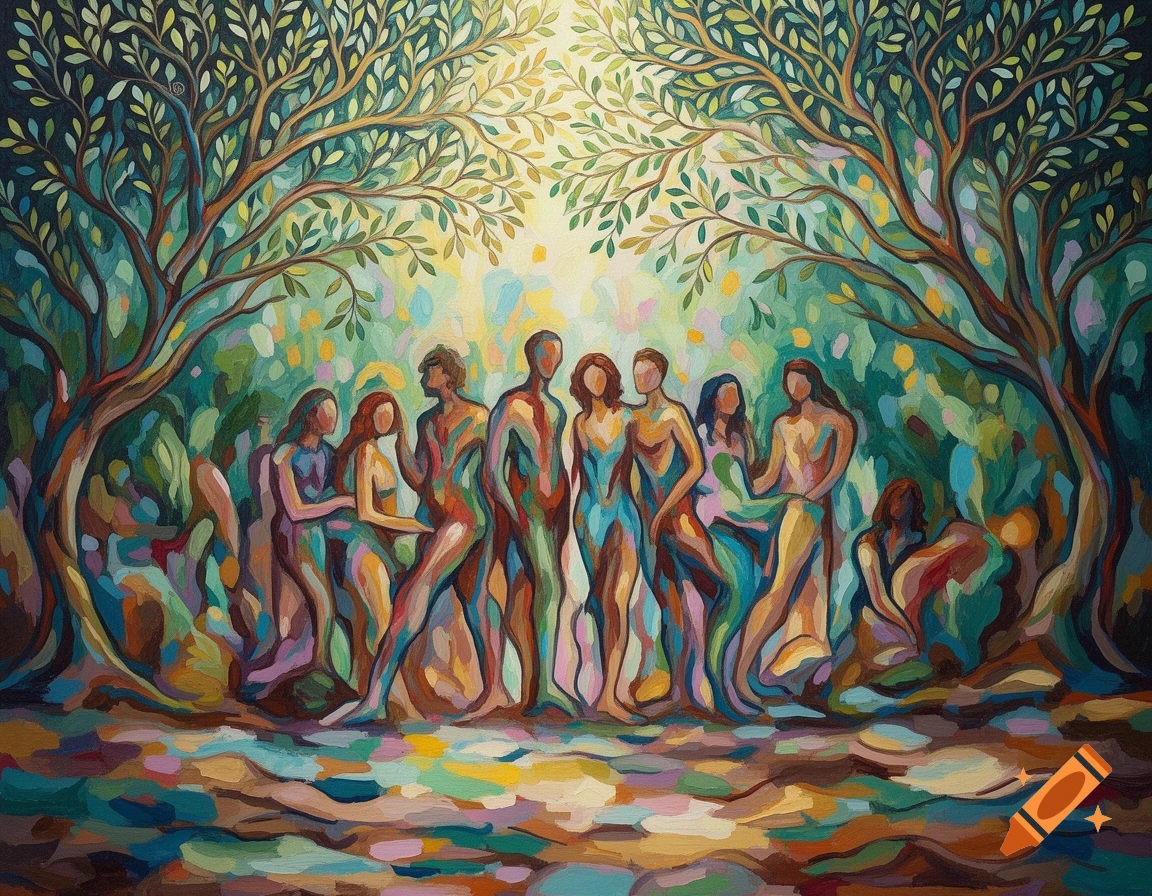 Vibrant abstract acrylic painting of a group of friends under lush trees with colorful foliage.
