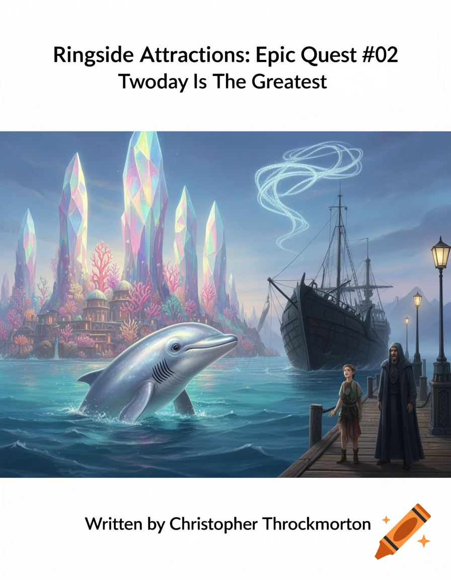 A fantasy book cover showing a dolphin jumping from blue water, two robed figures on a dock, a dark ship, and a city of colorful crystal towers.