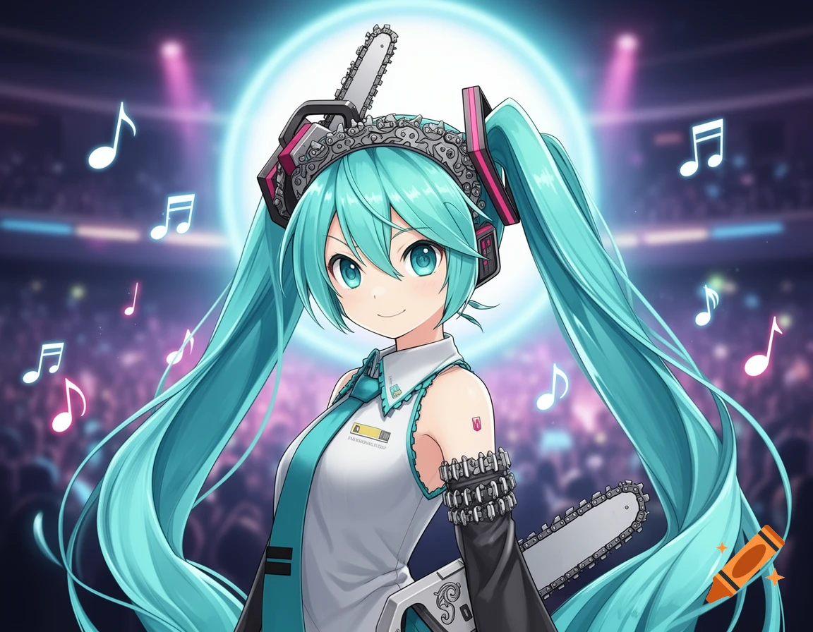 Hatsune Miku with teal pigtails, chainsaw headpiece, and armguard, surrounded by music notes on a concert stage.