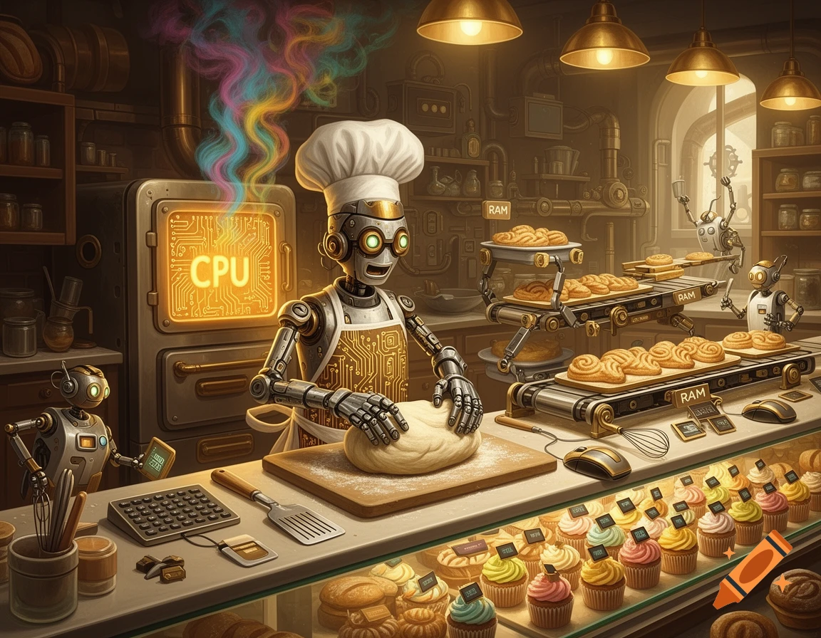 Steampunk-style illustration of a chef robot baking with helper robots in a computer-themed bakery, featuring 'CPU' oven and 'RAM' labeled bread.
