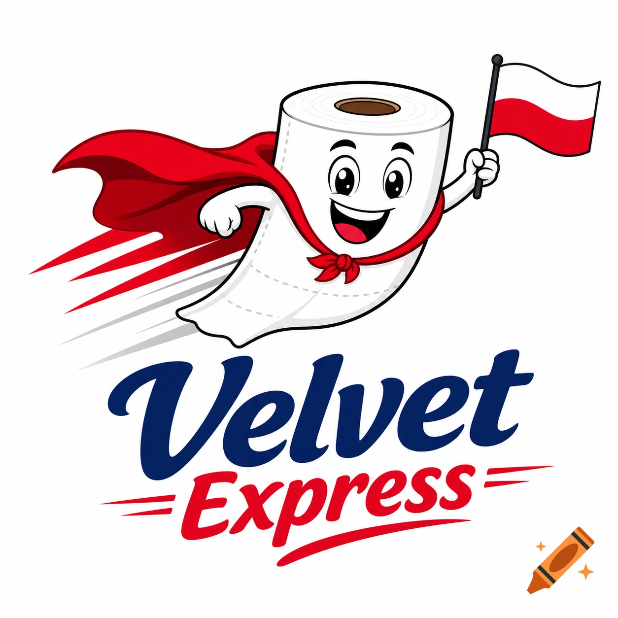 A cartoon mascot logo of a flying toilet paper roll superhero in a red cape, holding a Polish flag, with "Velvet Express" text below.