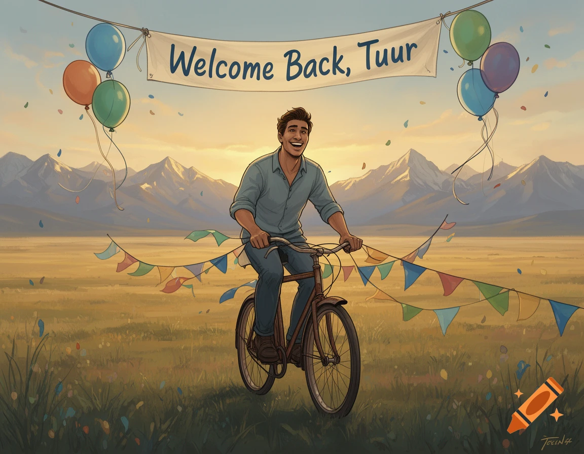 An illustration of a man joyfully riding a bicycle in a field. A 'Welcome Back, Tuur' banner and balloons are above, with mountains behind.
