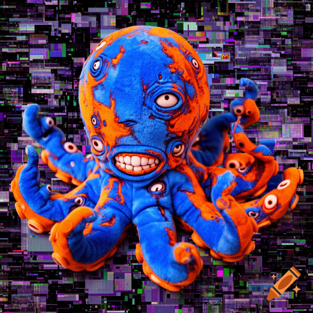 A blue and orange octopus plush toy with human teeth and multiple eyes, against a chaotic glitch art background.