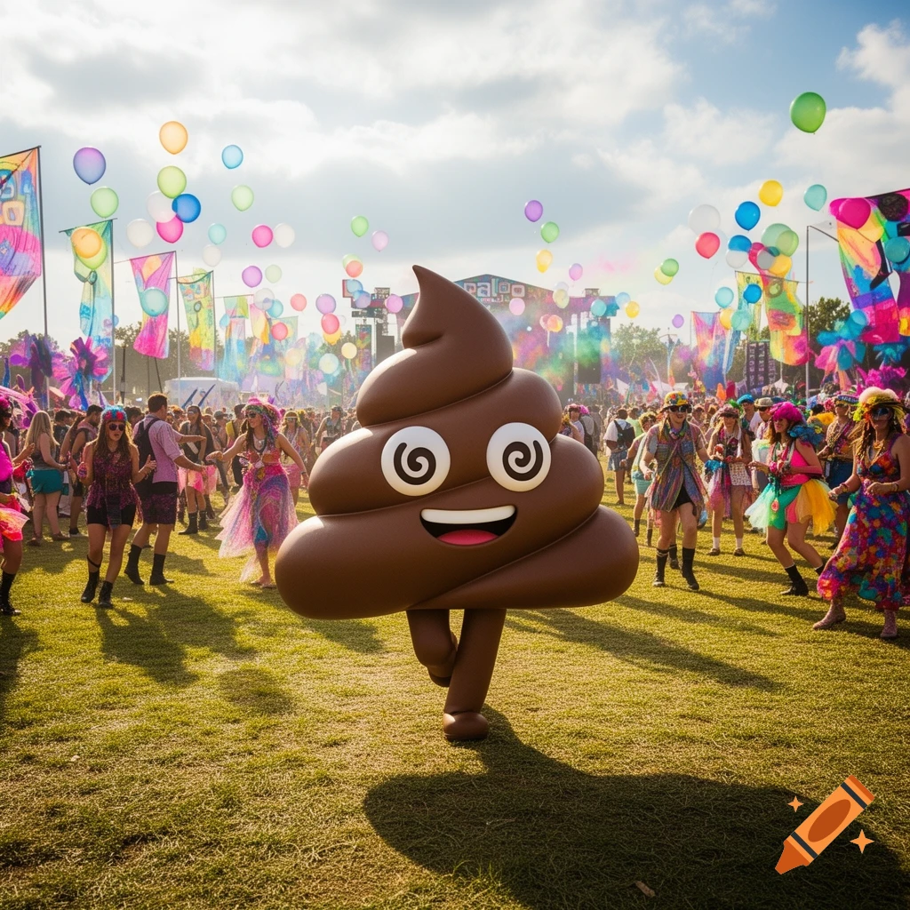 A smiling poop emoji character walks across a grassy field at a vibrant outdoor music festival with colorful flags and balloons.